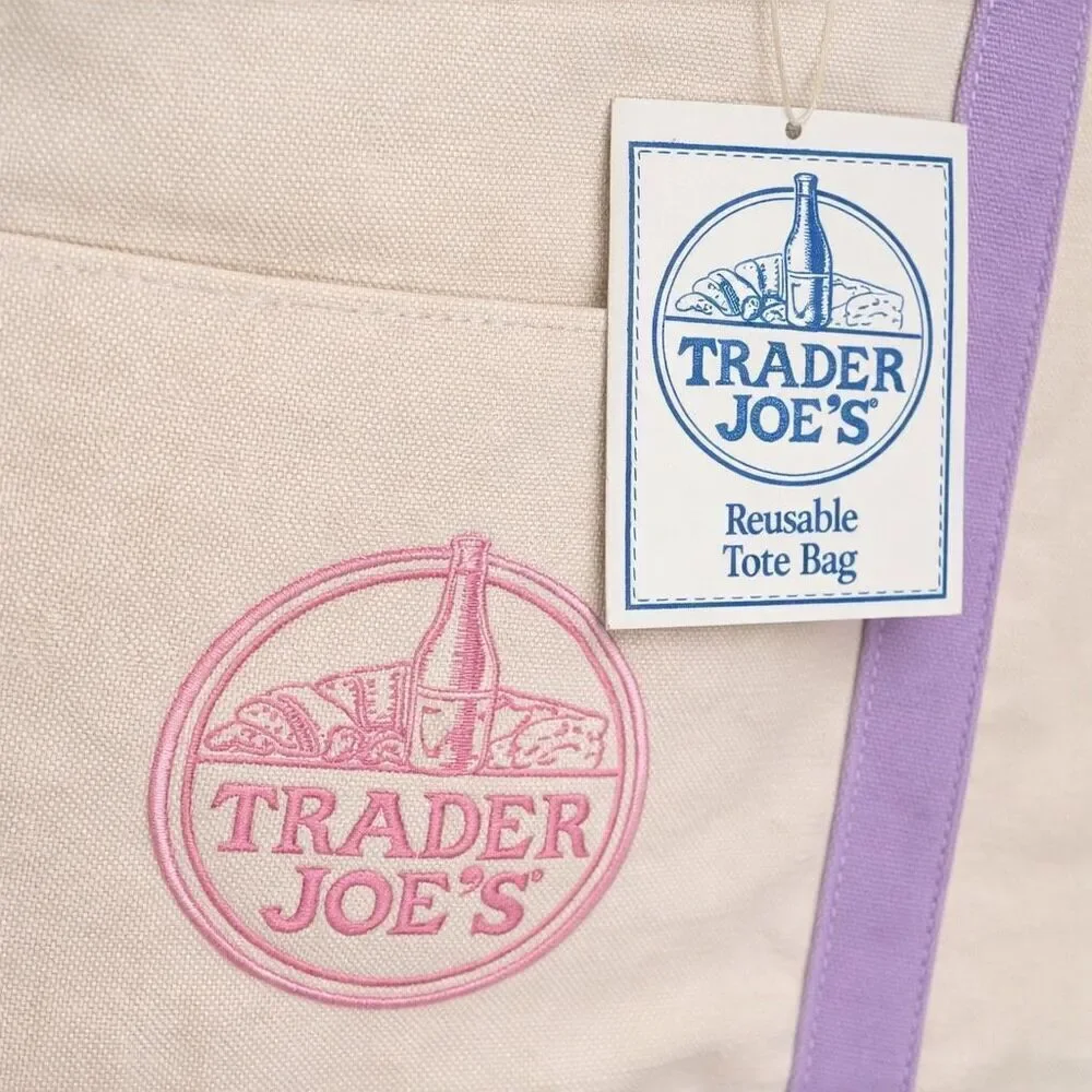 Trader Joe’s Lavender Canvas Tote Large Reusable Shopper Beach Bag NWT Pockets